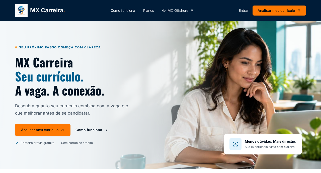 Prévia do site MX Carreiras — análise de currículo com IA